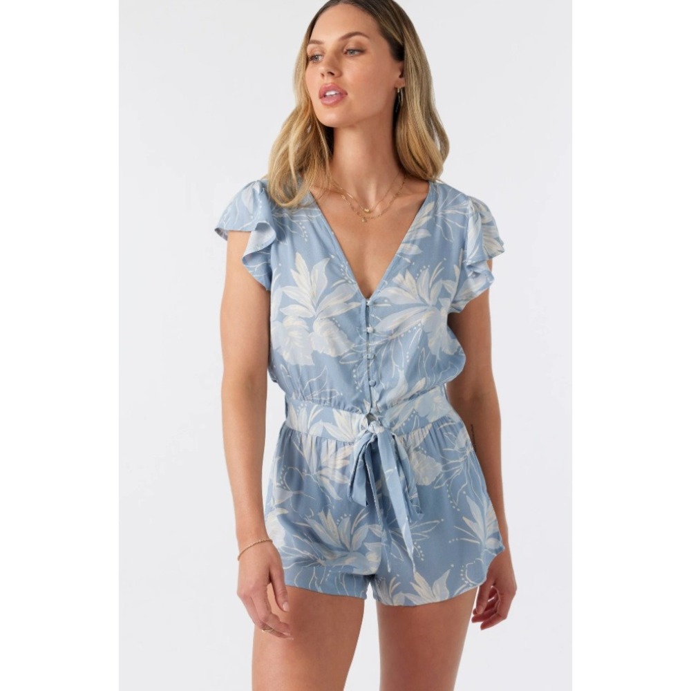 O'NEILL Darian Floral‎ Flutter Sleeve Romper Beachy Coastal Blue Sz M